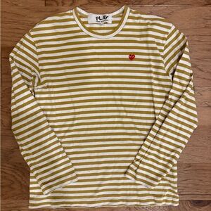 Comme des Garcons Play Yellow and White Striped Tee - Womens Size L (Tiny hole)